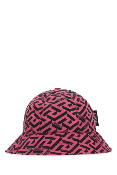 Shop Versace Greca Pattern Bucket Hat In Pink/black