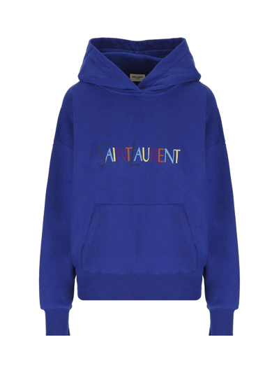 Shop Saint Laurent Logo Embroidered Long-sleeved Hoodie In Blu