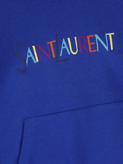 Shop Saint Laurent Logo Embroidered Long-sleeved Hoodie In Blu