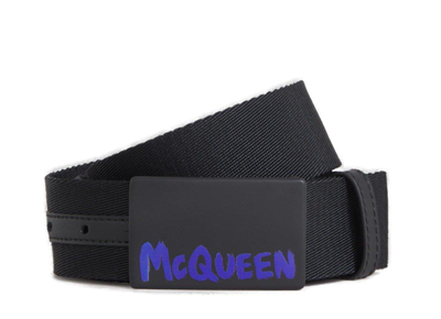 Shop Alexander Mcqueen Graffiti Logo Printed Belt In Nero