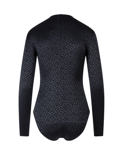 Shop Versace Greca Pattern Long Sleeved Crewneck Bodysuit In Nero