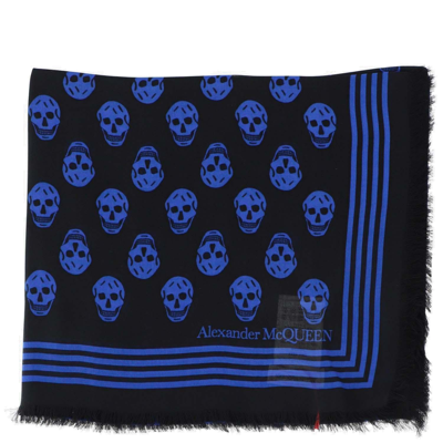 Shop Alexander Mcqueen Skull Printed Fringed Scarf In Blu