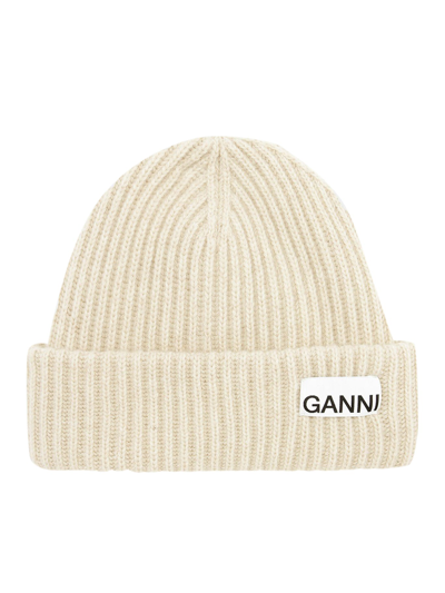 Ganni Logo-patch Ribbed-knit Beanie In Nude & Neutrals