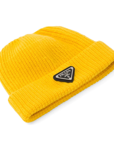 Shop Prada Ribbed Knit Wool Cashmere Beanie In Yellow