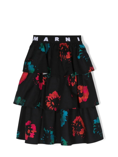 Shop Marni Floral-print Logo-waistband Skirt In Black