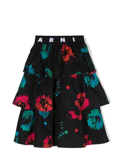 Shop Marni Floral-print Logo-waistband Skirt In Black