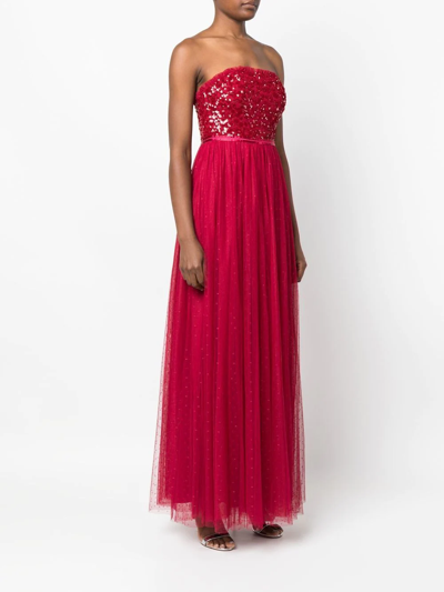 Shop Needle & Thread Sequin-bodice Strapless Gown In Red