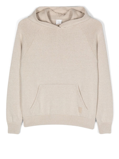 Shop Eleventy Teen Ribbed Knit Hooded Jumper In Neutrals