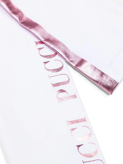 Shop Pucci Junior Metallic-stripe Logo-print Leggings In White