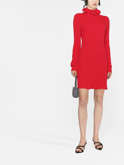 Blumarine Short Knit Dress With 3d Roses In Red