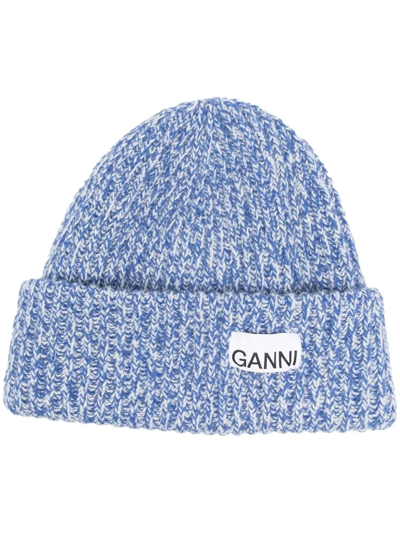 Shop Ganni Logo-patch Ribbed-knit Beanie In Blue