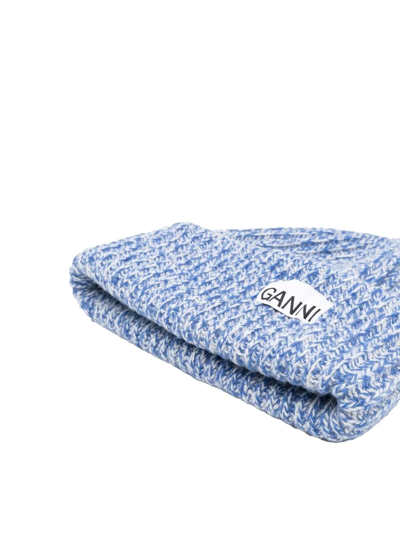 Shop Ganni Logo-patch Ribbed-knit Beanie In Blue