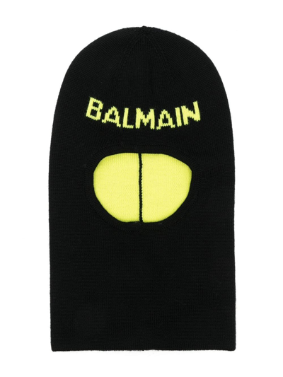 Shop Balmain Embroidered-logo Knitted Balaclava In Black