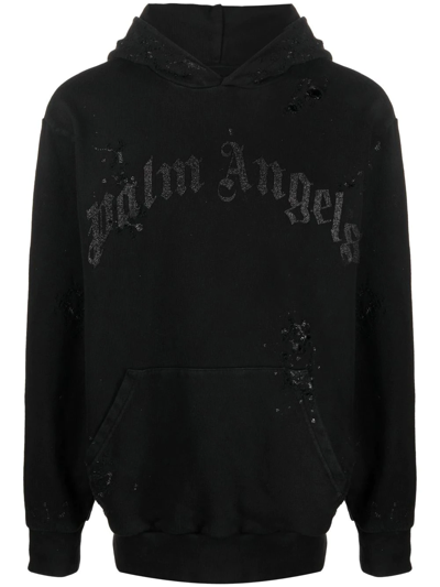 Shop Palm Angels Distressed Logo-print Hoodie In 1010 Black Black