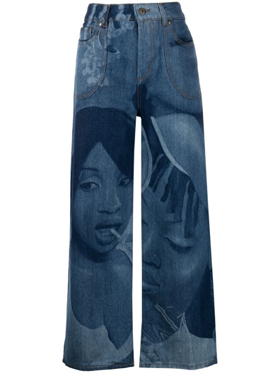 Shop Ahluwalia Graphic-print Wide Leg Jeans In Blue