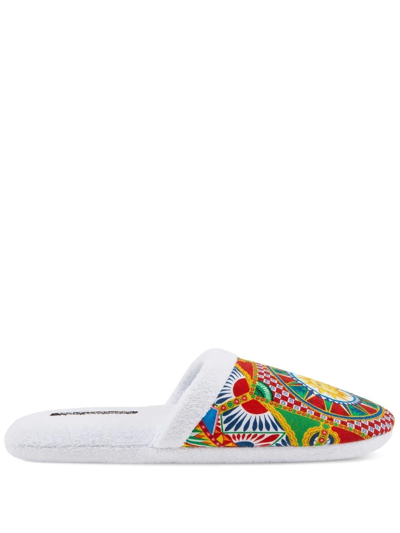 Shop Dolce & Gabbana Carretto Siciliano-print Terry Slippers In Weiss