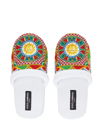 Dolce & Gabbana Carretto Siciliano-print Terry Slippers In Weiss
