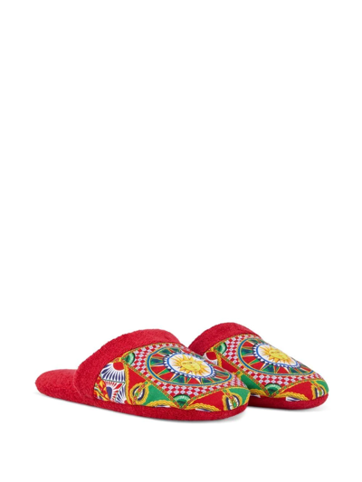 Shop Dolce & Gabbana Carretto Siciliano-print Terry Slippers In Rot