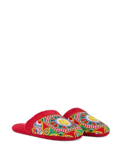 Dolce & Gabbana Carretto Siciliano-print Terry Slippers In Rot