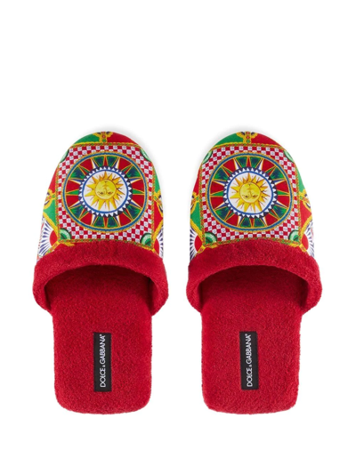 Dolce & Gabbana Carretto Siciliano-print Terry Slippers In Rot