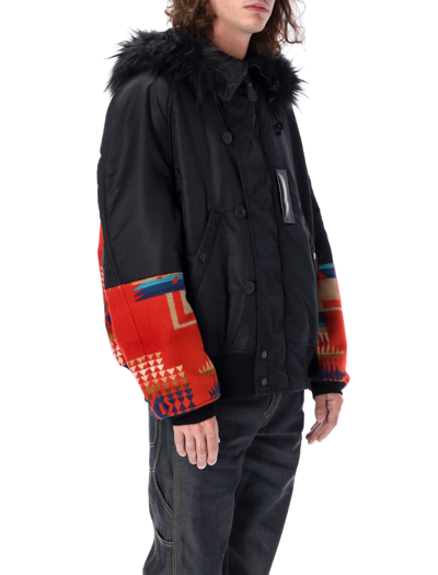 Shop Junya Watanabe Faux Fur And Jacquard Short Parka In Black Multi