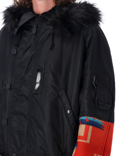 Shop Junya Watanabe Faux Fur And Jacquard Short Parka In Black Multi