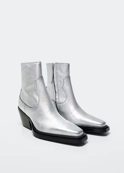 Mango Leather Cowboy Ankle Boots Silver | ModeSens
