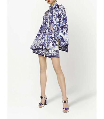 Shop Dolce & Gabbana Majolica Print Batwing Sleeve Blouse In Blue/white