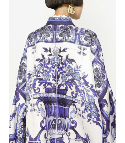 Shop Dolce & Gabbana Majolica Print Batwing Sleeve Blouse In Blue/white