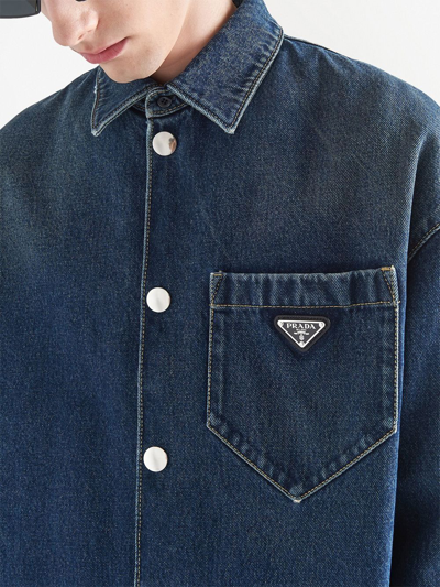 Shop Prada Triangle-logo Padded Denim Shirt In Blue