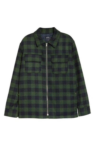 Shop Apc New Ian Check Wool Blend Shirt Jacket In Vert Fon