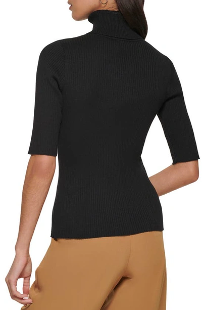 Shop Dkny Cutout Elbow Sleeve Turtleneck Rib Sweater In Black