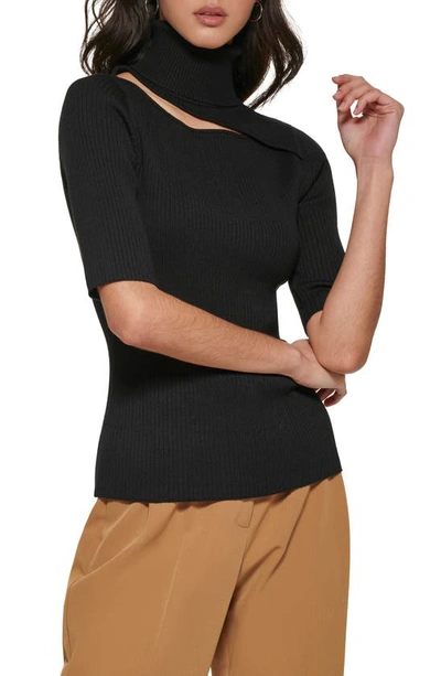 Shop Dkny Cutout Elbow Sleeve Turtleneck Rib Sweater In Black
