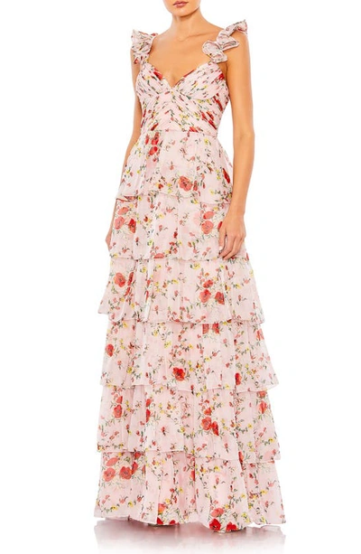Shop Mac Duggal Floral Print Tiered Empire Gown In Pink Multi