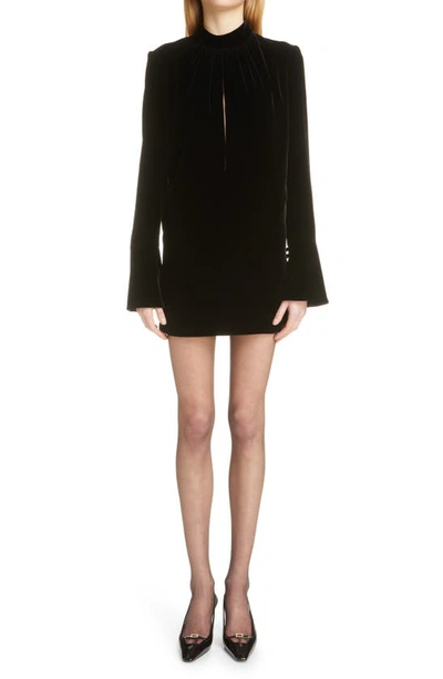 Shop Saint Laurent Keyhole Long Sleeve Velour Minidress In Noir
