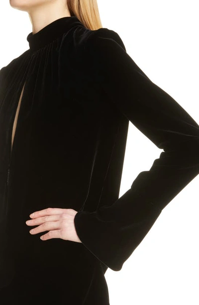Shop Saint Laurent Keyhole Long Sleeve Velour Minidress In Noir
