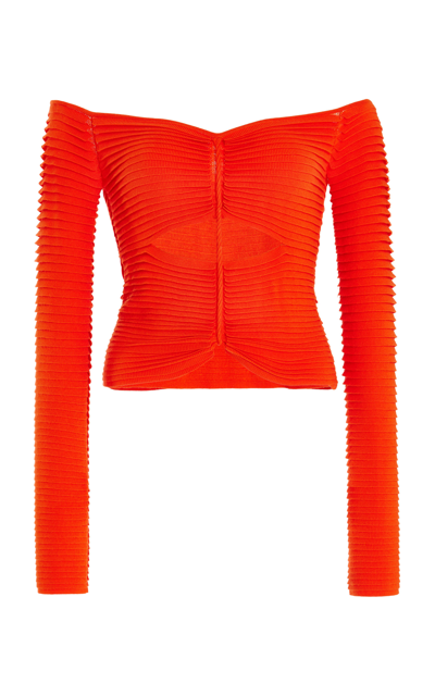 Shop Altuzarra Adan Cutout Pintucked-knit Off-the-shoulder Top In Red