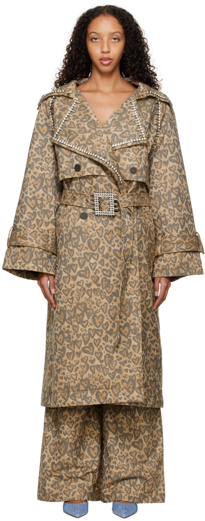 Shop Area Tan Heart Leopard Trench Coat In Brown Multi