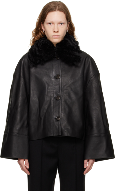 Shop Totême Black Shearling Collar Leather Jacket In 200 Black