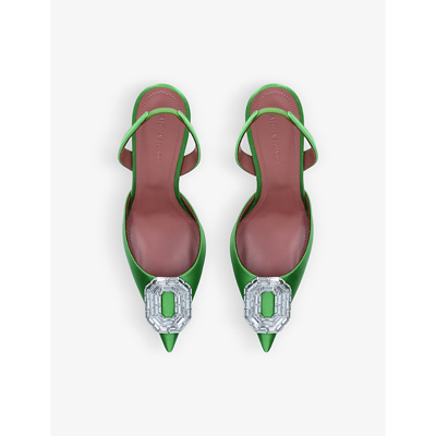 Shop Amina Muaddi Women's Green Camelia Crystal-embellished Satin And Leather Slingback Courts