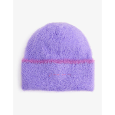 Shop Jacquemus Le Bonnet Brand-embroidered Stretch-woven Beanie In Purple