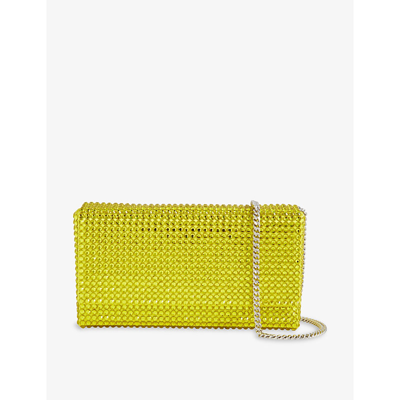 Shop Amina Muaddi Mini Paloma Crystal-embellished Satin Cross-body Bag In Yellow / Citrine