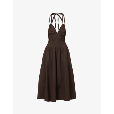 Shop Bottega Veneta Halter-neck A-line Stretch-cotton Dress In Cocoa