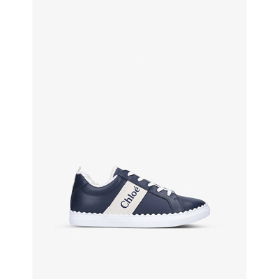 Shop Chloé Logo-tape Low-top Leather Trainers 6-9 Years In Navy