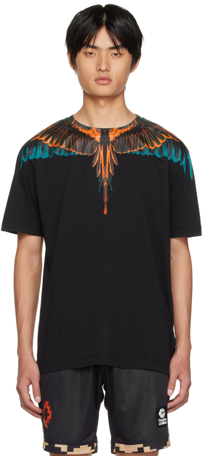 Shop Marcelo Burlon County Of Milan Black Icon Wings T-shirt In Black Orange