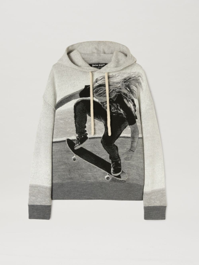 Shop Palm Angels Skater-pattern Panelled Hoodie In Grey