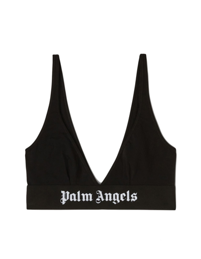 Shop Palm Angels Woman Black Triangle Bra With Logo Band In Black White
