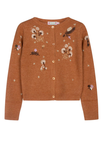 Shop Bonpoint Embellished Floral Detail Cardigan In Brown