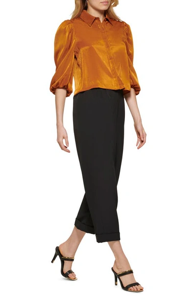 Shop Dkny Puff Sleeve Crop Satin Blouse In Roasted Pecan
