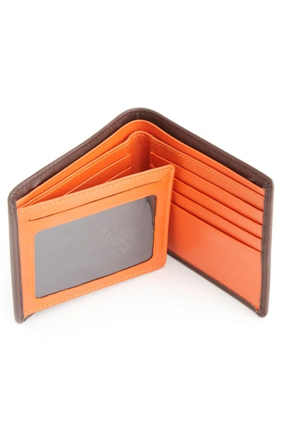 Shop Royce New York Personalized Rfid Leather Trifold Wallet In Brown/ Orange- Silver Foil